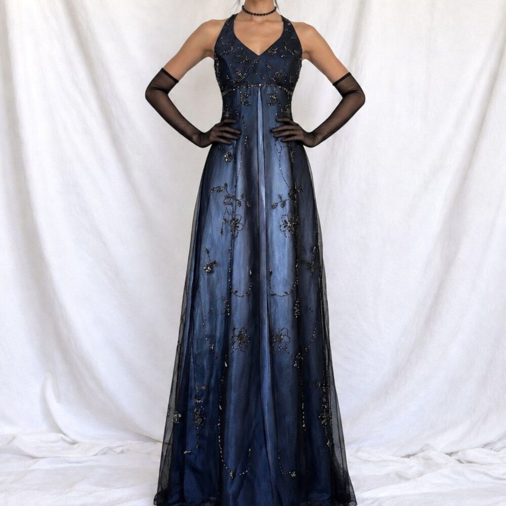 Vintage Y2K 90s Blue Floral Beaded Mesh Satin Babydoll Maxi Prom Dress Size S